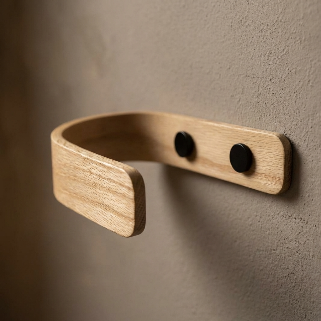 Solid oak curtain holdbacks mounted on wall holding back light fabric curtains, highlighting smooth shape and natural wood grain texture