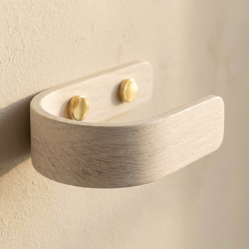 White oak curtain holdbacks mounted on wall holding back soft linen curtains, showcasing light wood tones and smooth natural grain