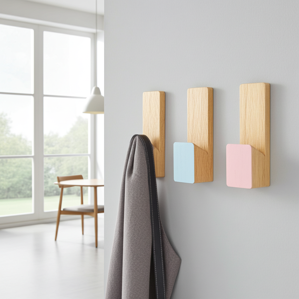 Three adhesive wooden wall hooks with colorful ends on a gray wall in a modern room.