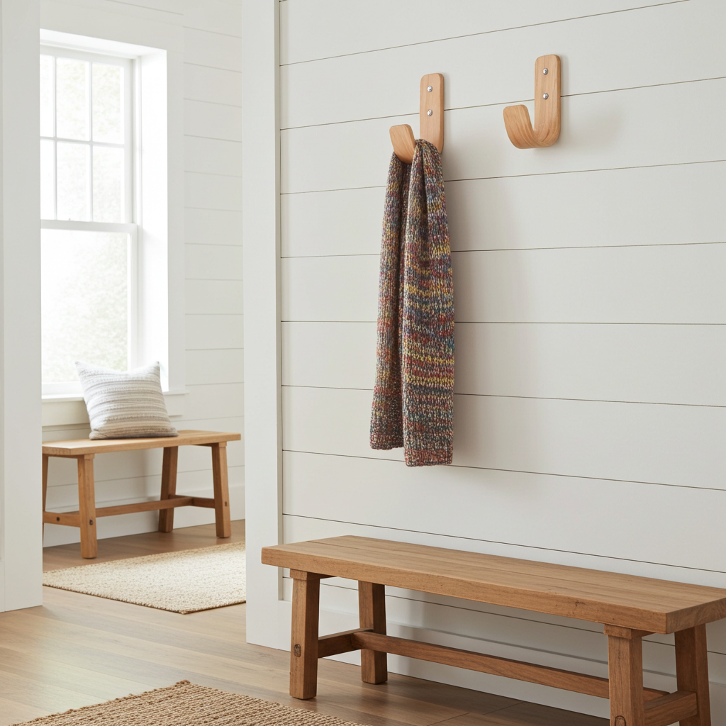 Wooden hooks on a white wall with a bench and scarf in a room.