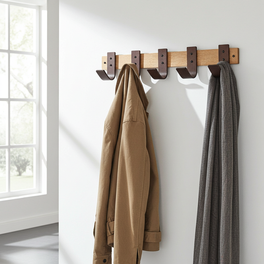 Wooden coat rack with Walnut hooks holding two coats against a white wall.