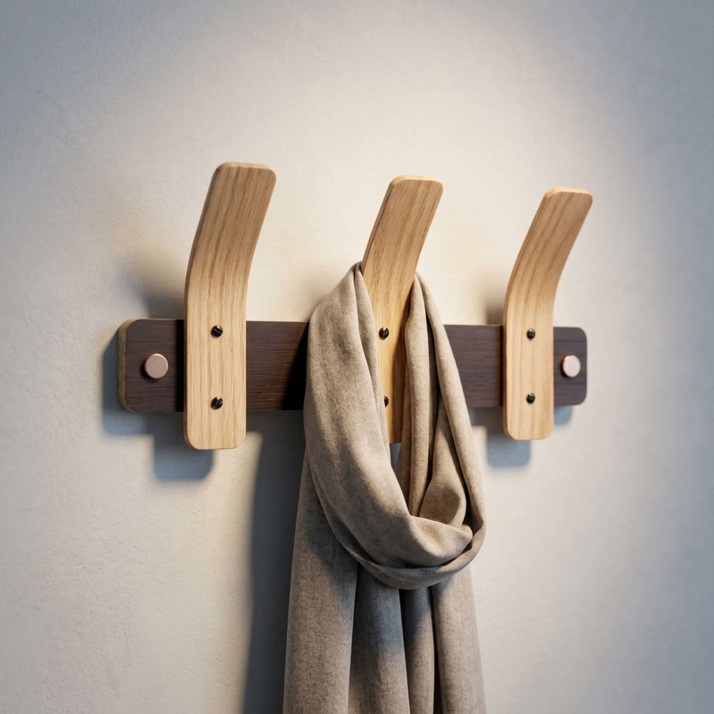Steam-bent oak coat rack holding a beige scarf in a sunlit hallway, with a wooden bench in the background.