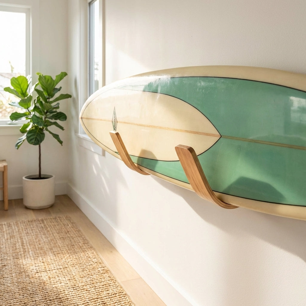 Handmade oak surfboard wall rack with smooth bent wood arms for stylish board storage
