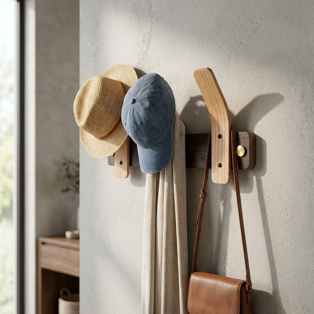 Tordu Oak Coat Rack | Steam-Bent Solid Oak | Brass Fittings | 2–9 Hooks