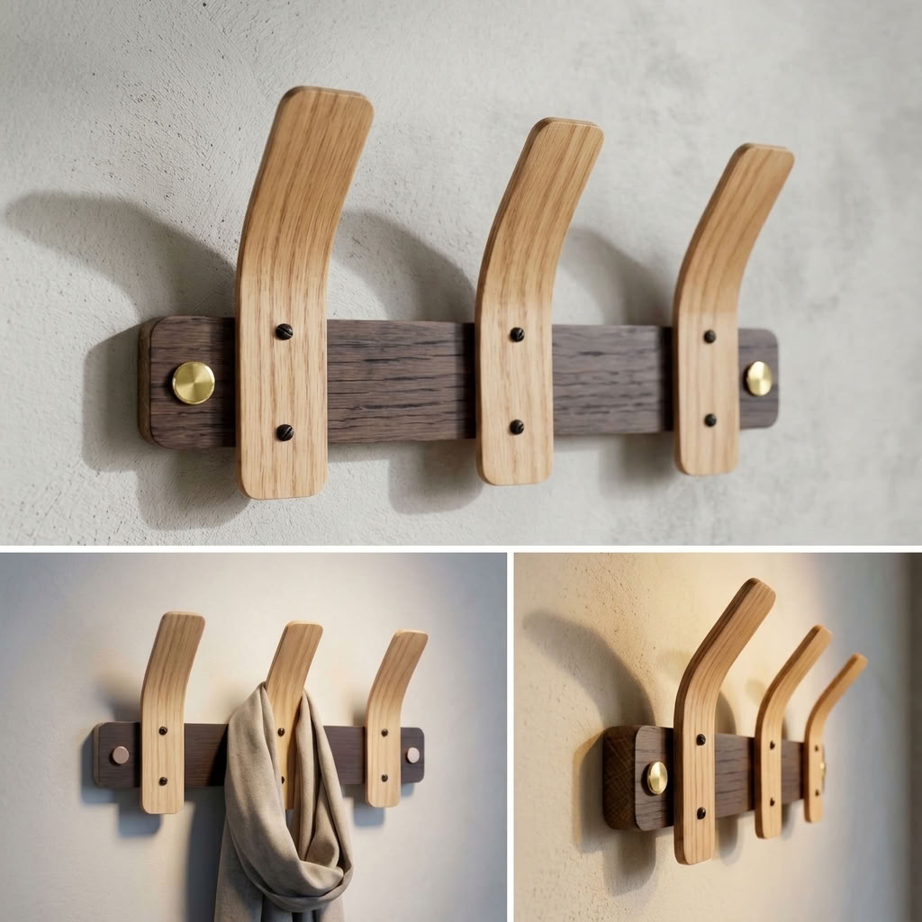 Tordu Oak Coat Rack | Steam-Bent Solid Oak | Brass Fittings | 2–9 Hooks