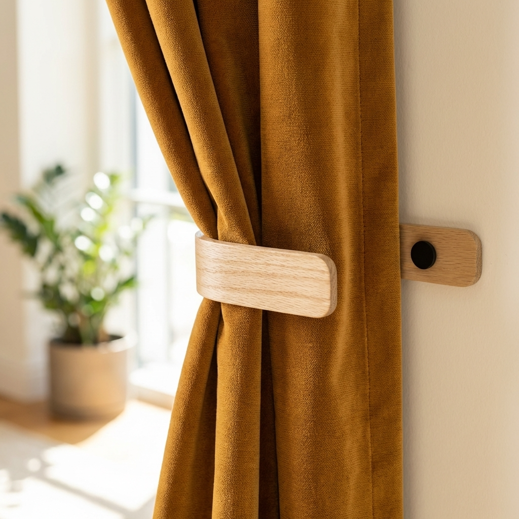 Brown curtain with wooden tieback in a bright room with plants