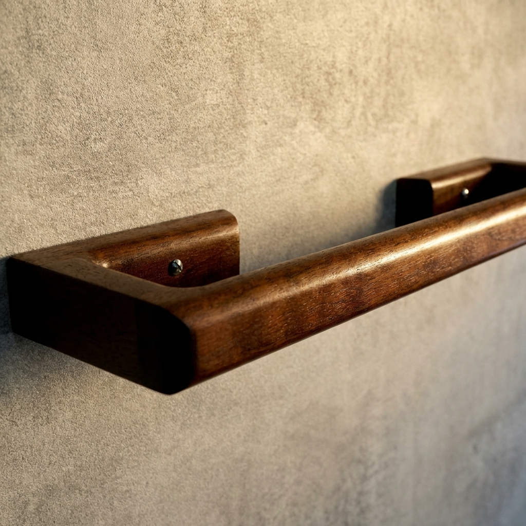 Wooden towel bar on a textured surface