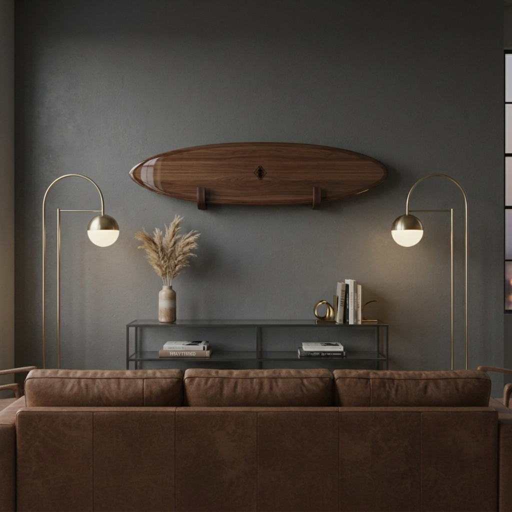 longboard displayed on walnut surfboard wall rack