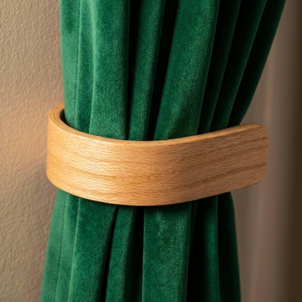Green curtain with a wooden tie-back against a beige wall