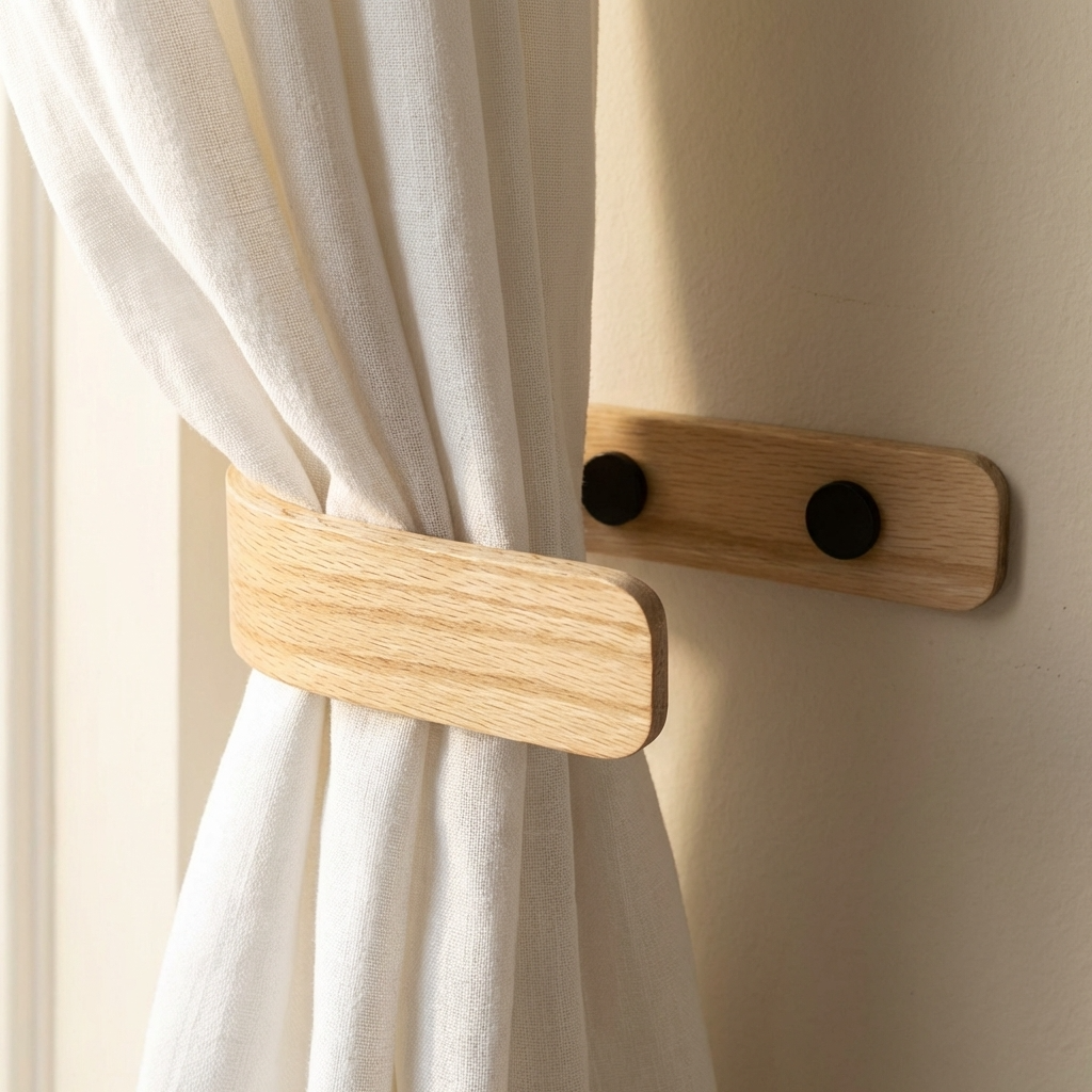 Wooden curtain tiebacks on a white curtain against a beige wall