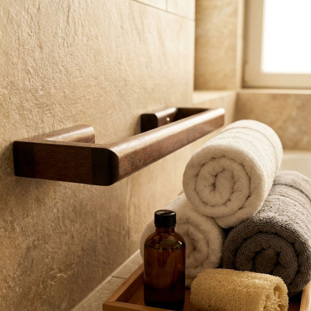 Bathroom setting with towel rack and towels and a bottle on a wooden tray against a tiled wall.