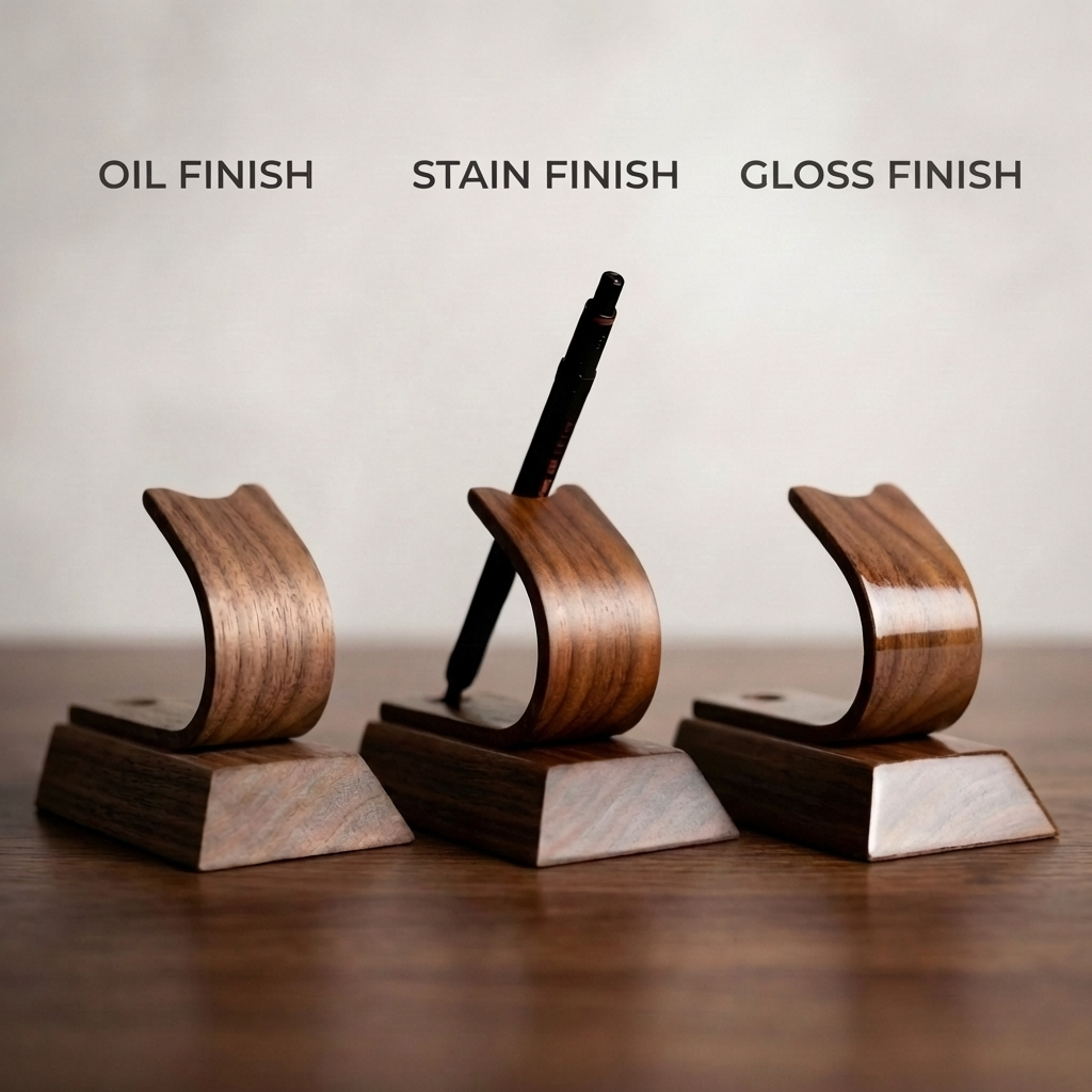 Three wooden pen holders with different finishes on a neutral background