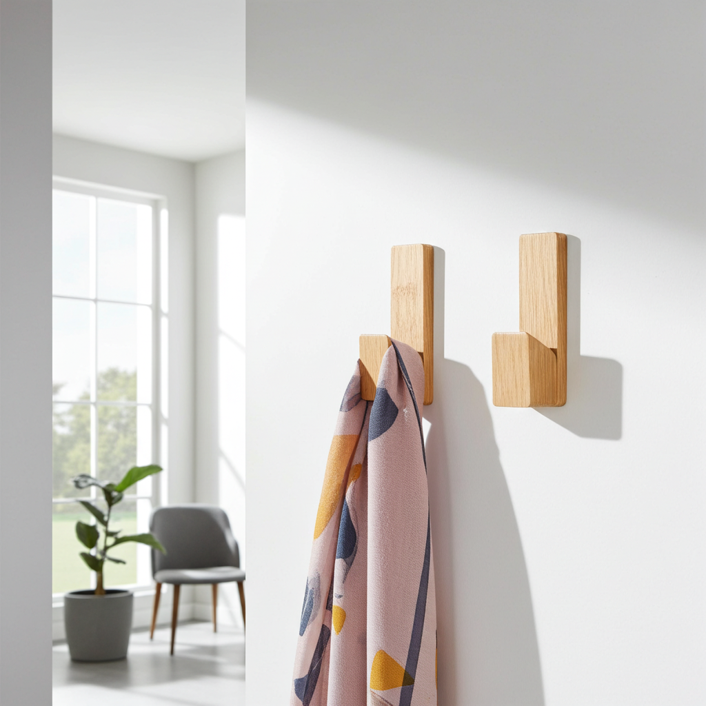 Adhesive wooden wall hooks with a colourful scarf in a bright room.