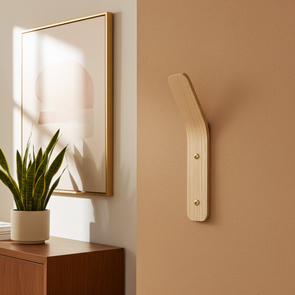 Decorative coat hook. wall light fixture on a beige wall with a plant and framed artwork.