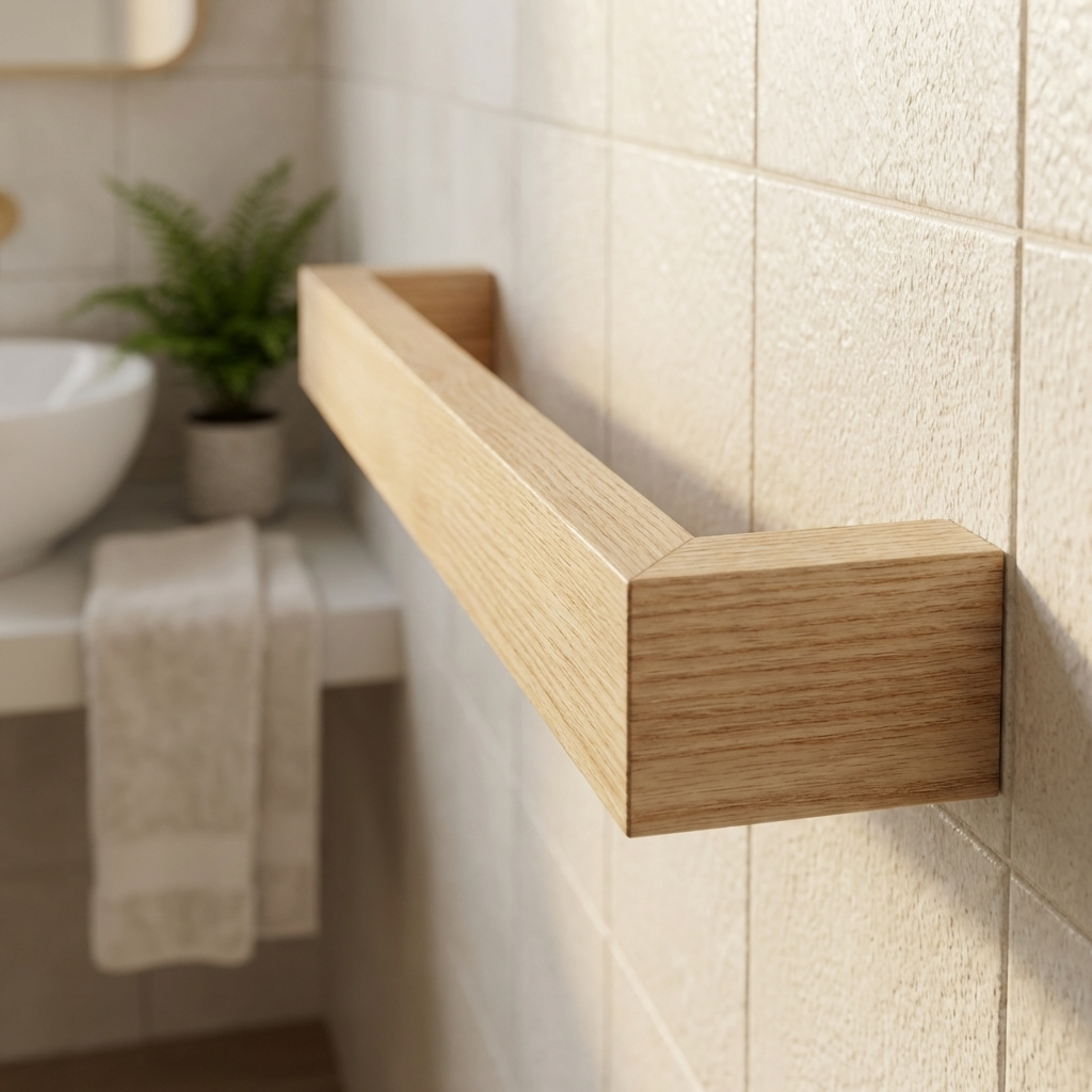 Solid ash hardwood hand towel bar Close up