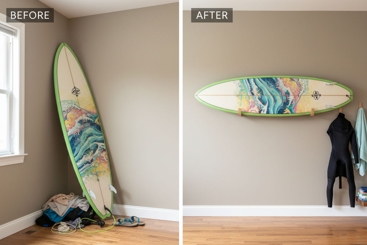 Space-Saving Solution before and after picture show the difference off hanging a surfboard on the wall