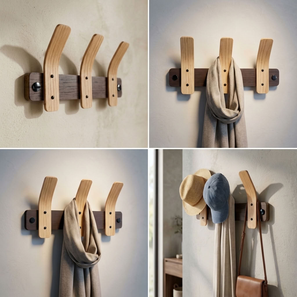 Tordu Oak Coat Rack | Steam-Bent Solid Oak | Black Fittings | 2–9 Hooks