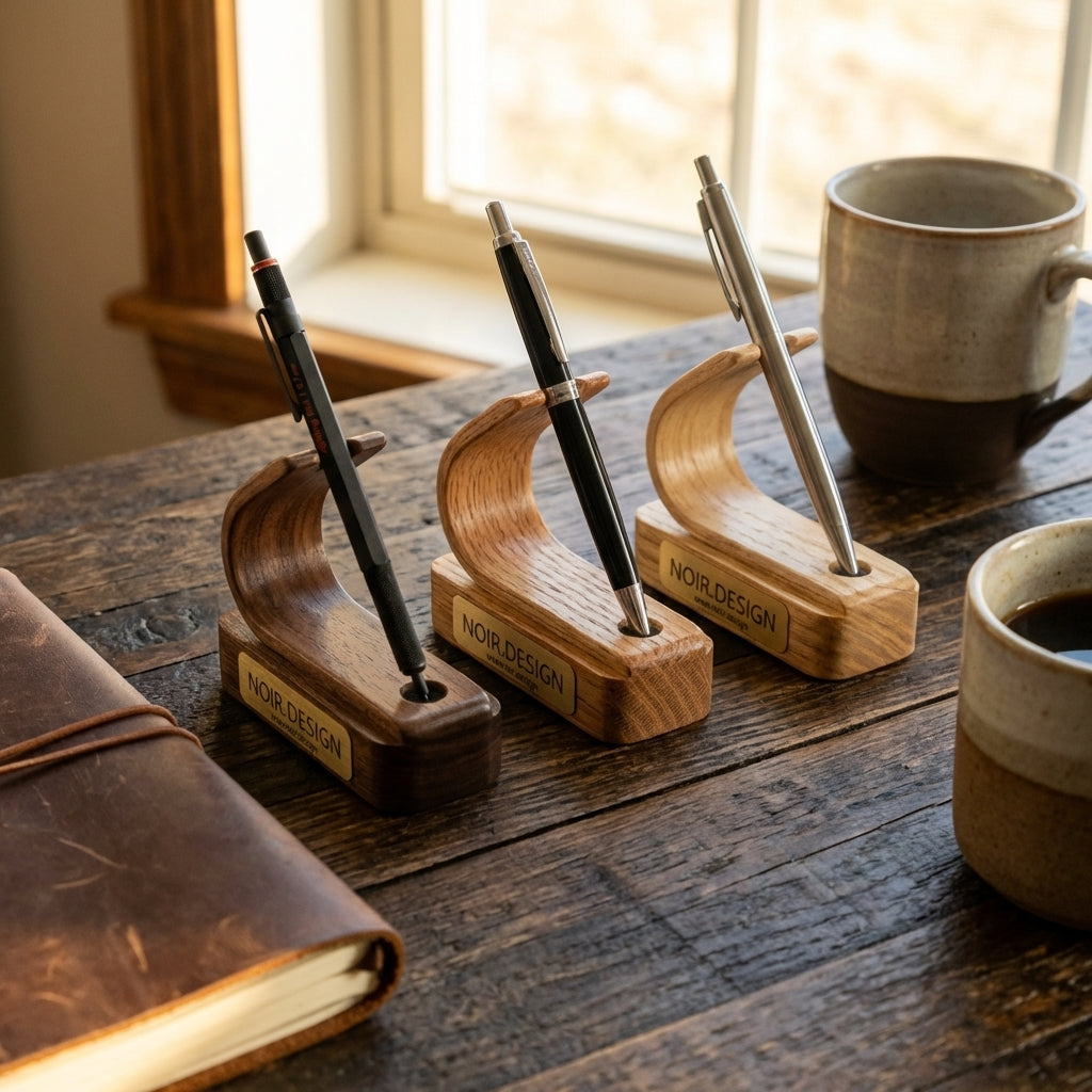 Organised desk with personalised oak pen holder