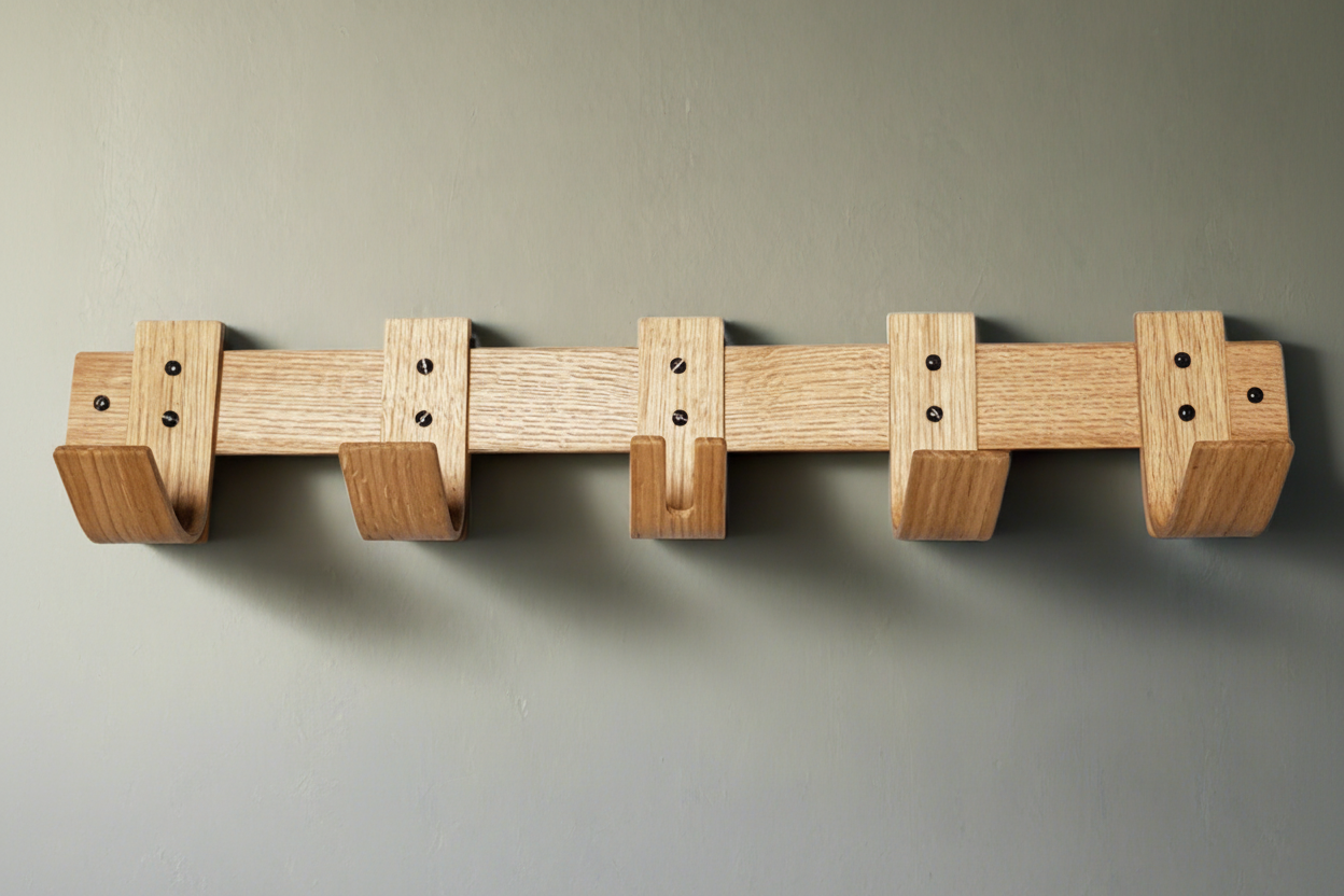A steam bent oak coat rack with five hooks and a key storage solution, in a satin varnish finish, attached to a grey wall.