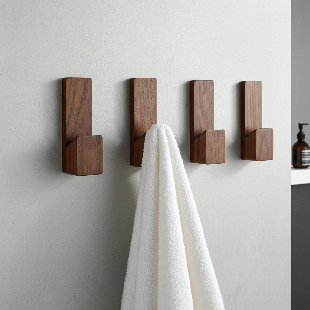 Four wooden wall hooks on a light coloured wall with a white towel hanging from one of them.
