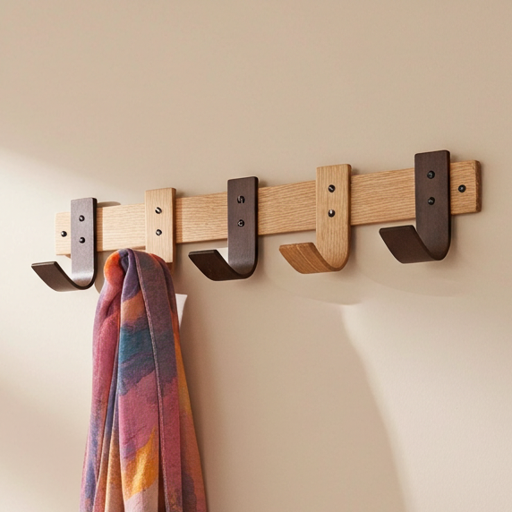 Designer Mixed Oak & Walnut Coat Rack - 5 Hook Wall Mount