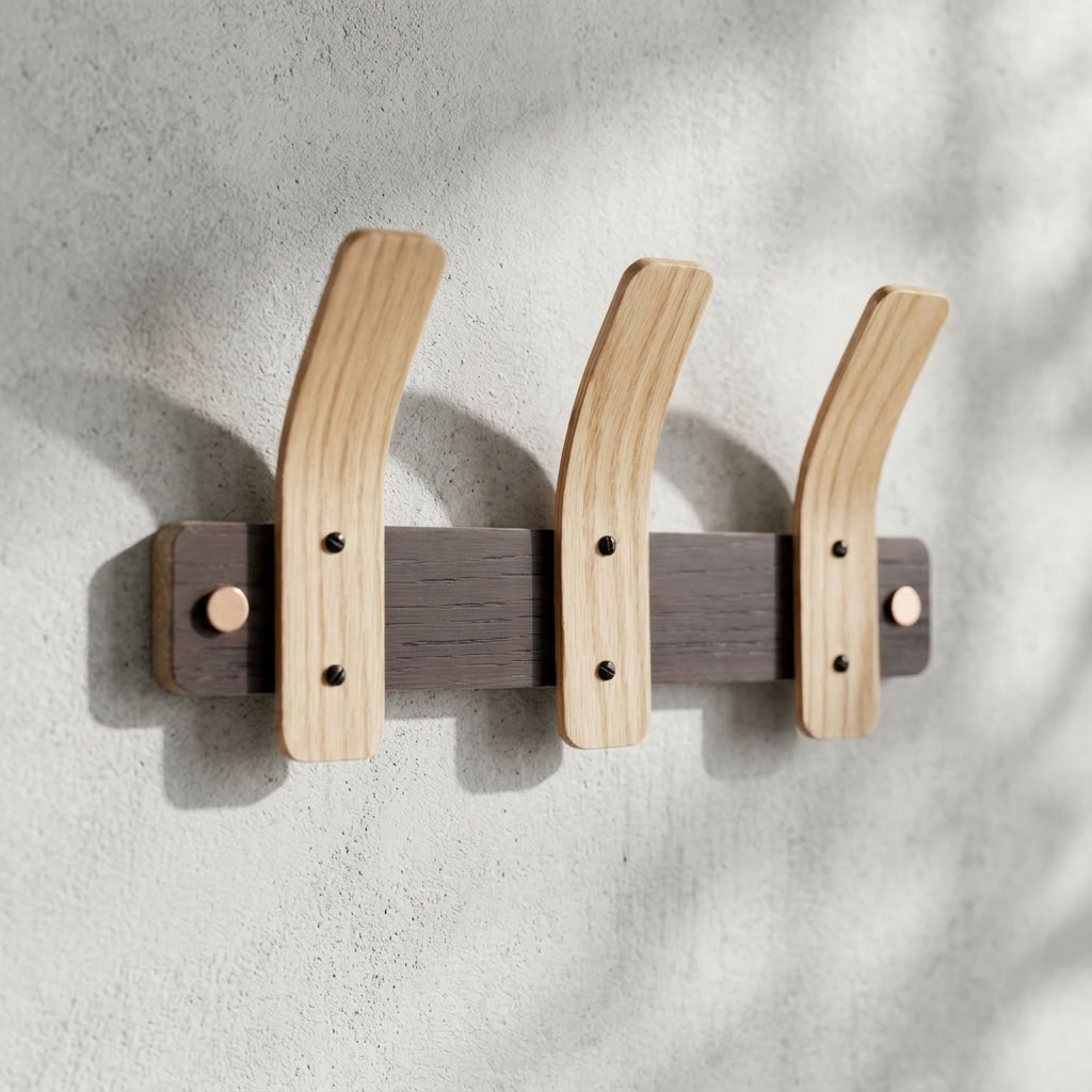 Steam-bent oak coat rack with three curved hooks, a dark wood backplate and copper end caps on a textured grey wall.