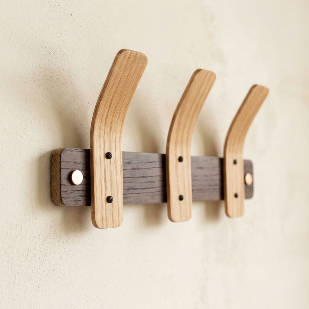 Three-hook steam-bent oak coat rack with a beige scarf draped over the centre hook against a light grey wall.