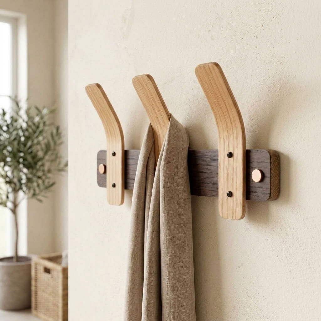 Angled view of a three-hook steam-bent oak coat rack with a beige scarf, beside a window and potted tree.
