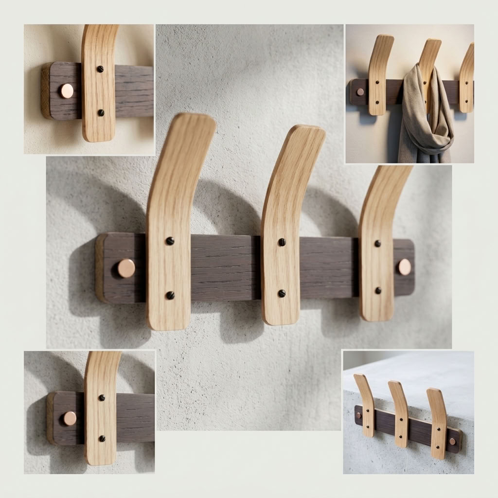 Collage of a steam-bent oak coat rack showing curved hooks, copper end caps, black screws and a hanging scarf.