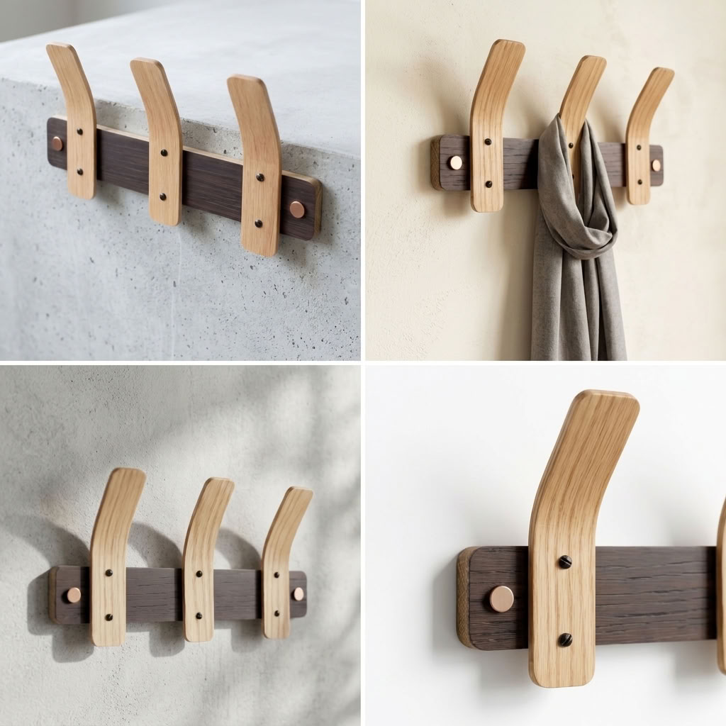 Four views of a steam-bent oak coat rack showing the three-hook design, a hanging scarf and close-up wood grain and fixings.