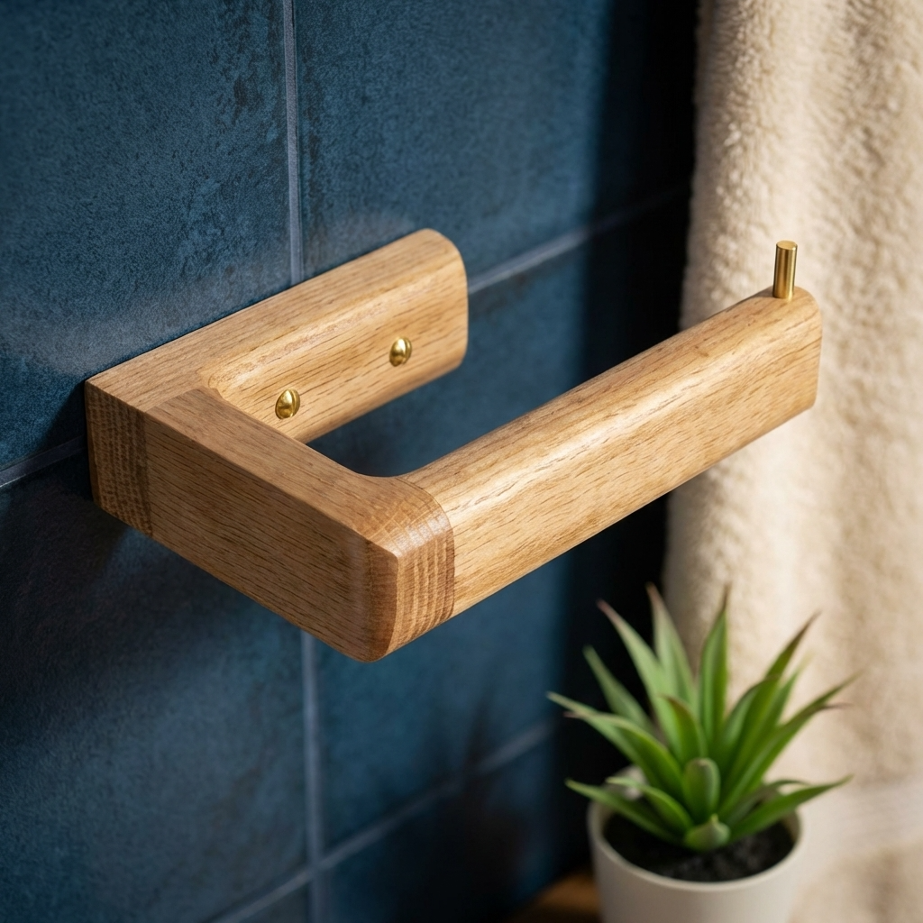 Wooden oak toilet paper holder mounted on a blue tiled wall with a plant in the foreground.
