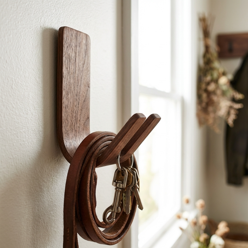 Solid walnut wall hook for keys and dog leash adhesive mount no drill