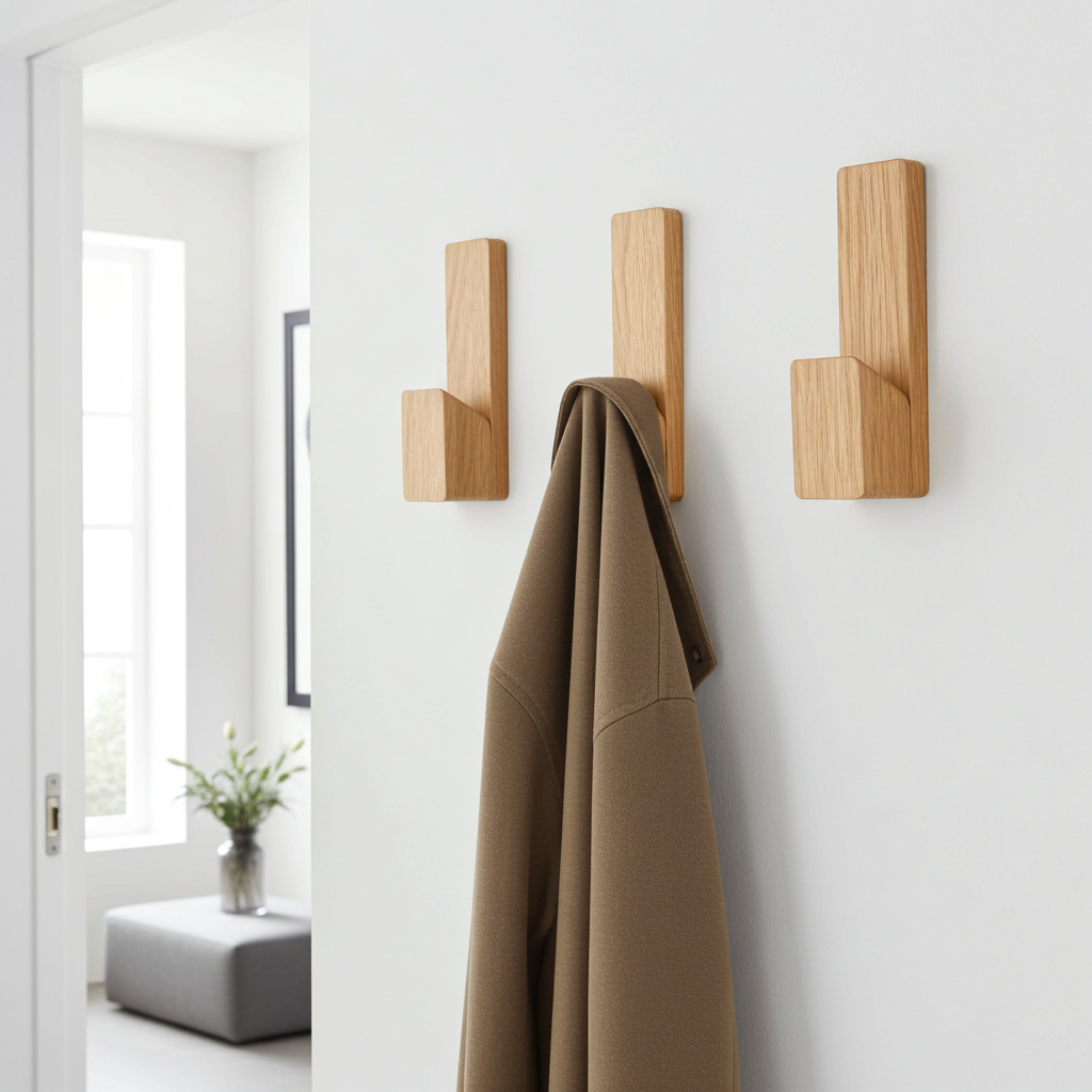 Three wooden wall hooks on a white wall with a coat hanging from one of them.