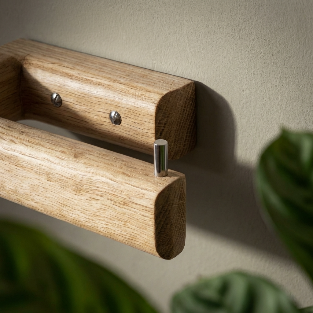 Wooden toilet paper holder with a plant in the foreground
