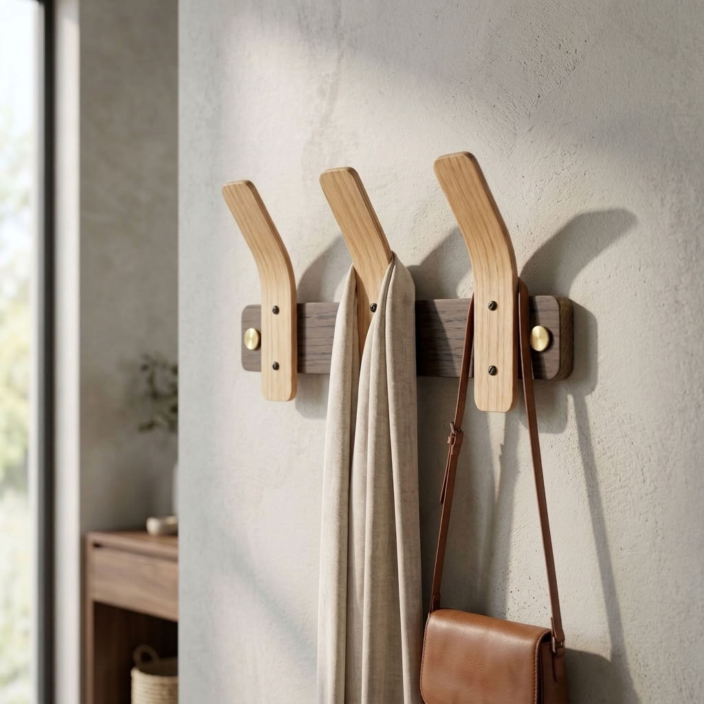 Tordu Oak Coat Rack | Steam-Bent Solid Oak | Brass Fittings | 2–9 Hooks