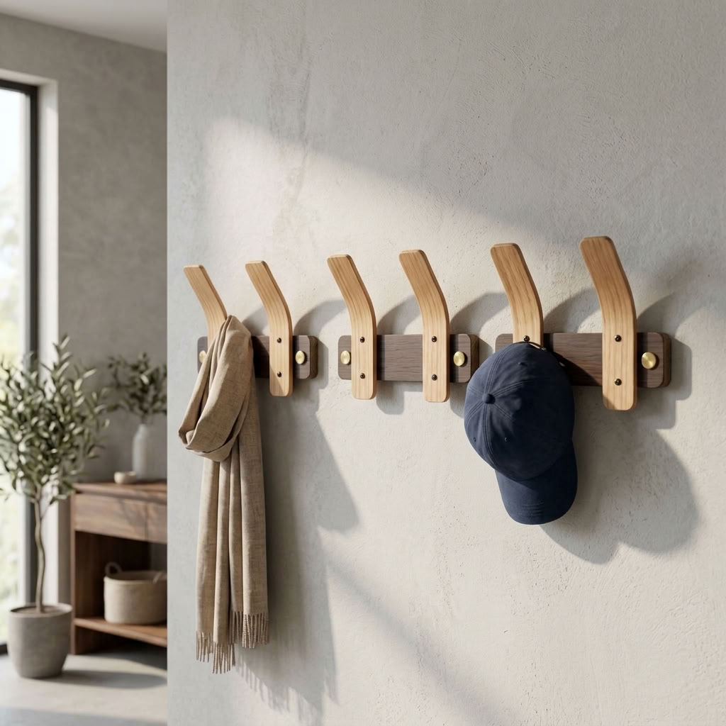 Tordu Oak Coat Rack | Steam-Bent Solid Oak | Brass Fittings | 2–9 Hooks