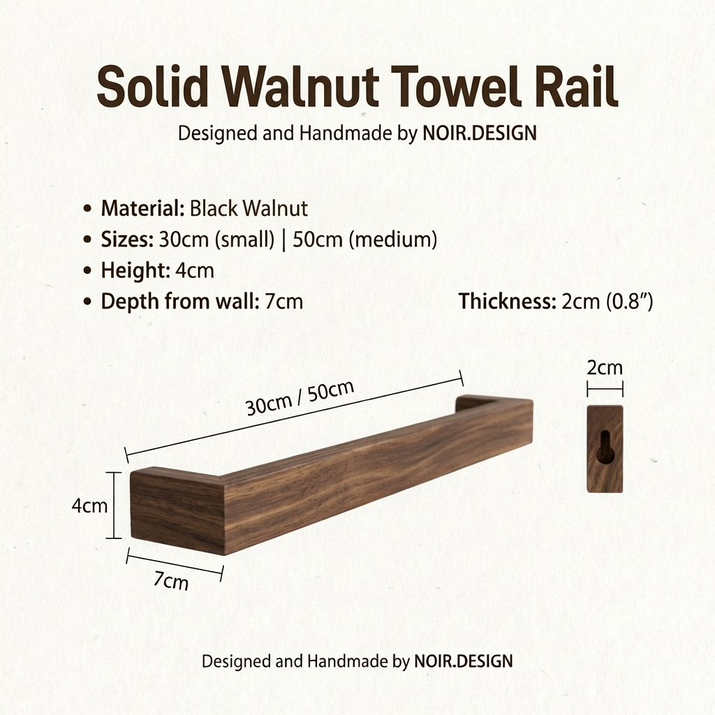 Solid Walnut Towel Rail with dimensions and material details on a white background