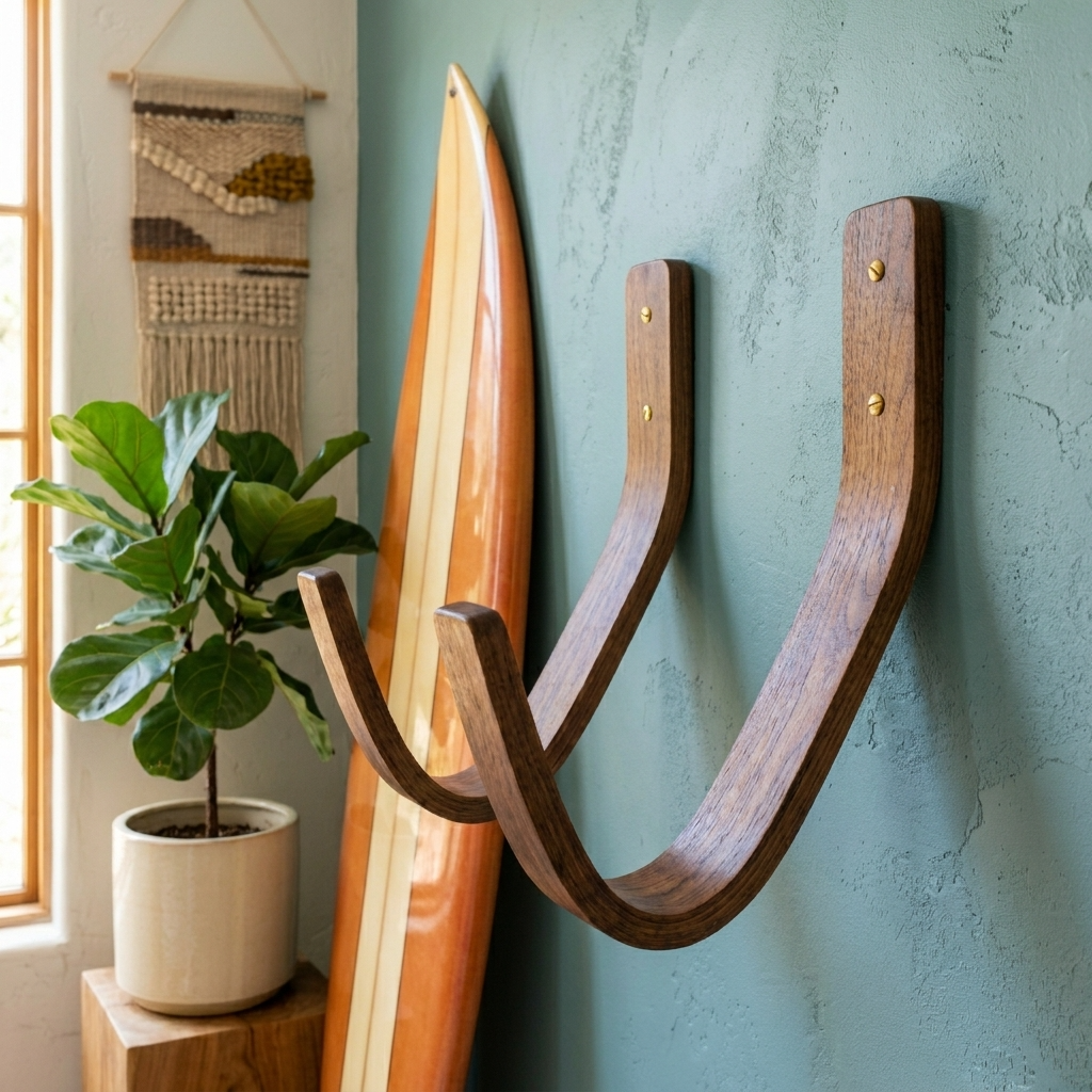 walnut surfboard wall mounts with longboard indoors