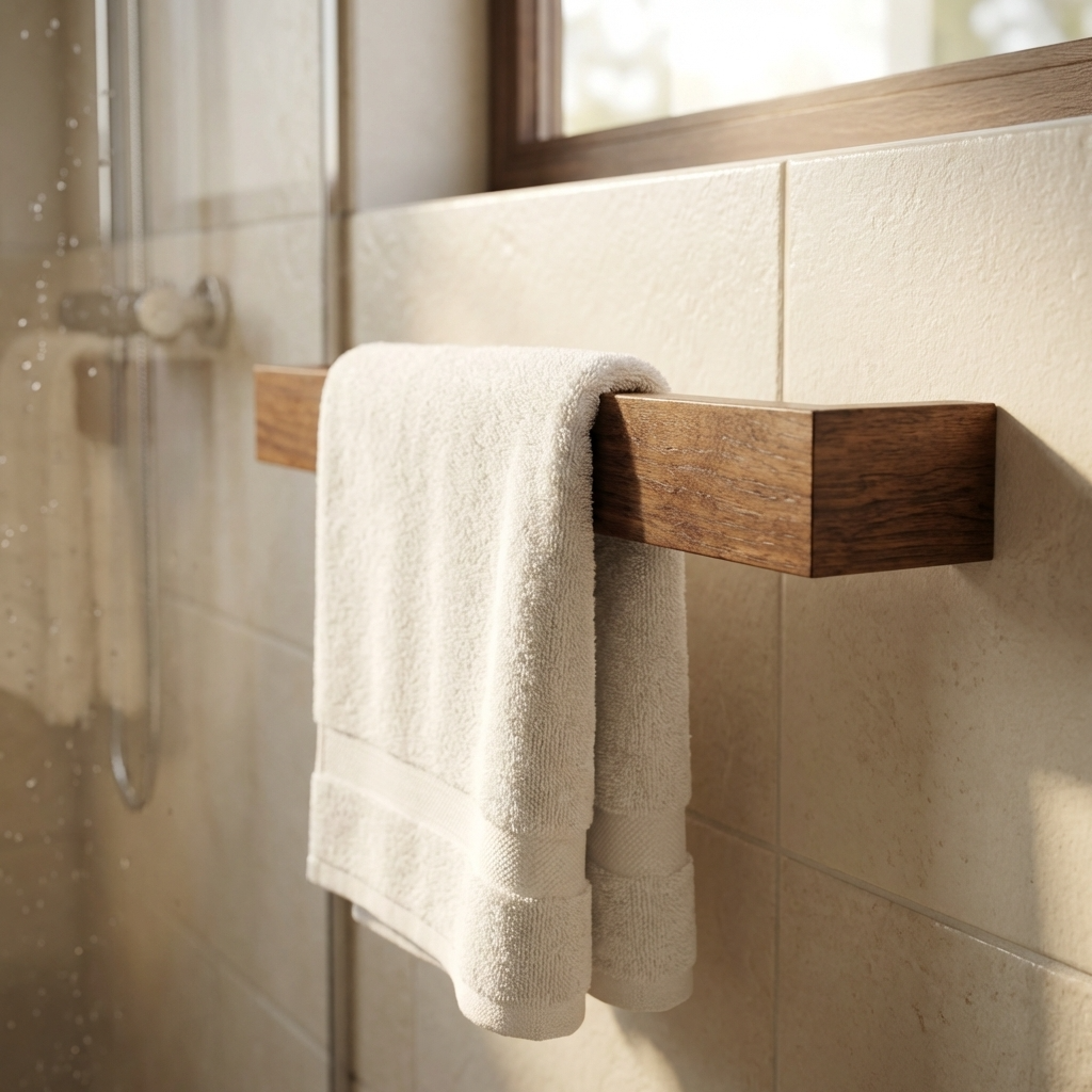 Beige towel hanging on a wooden towel rack against a tiled bathroom wall.