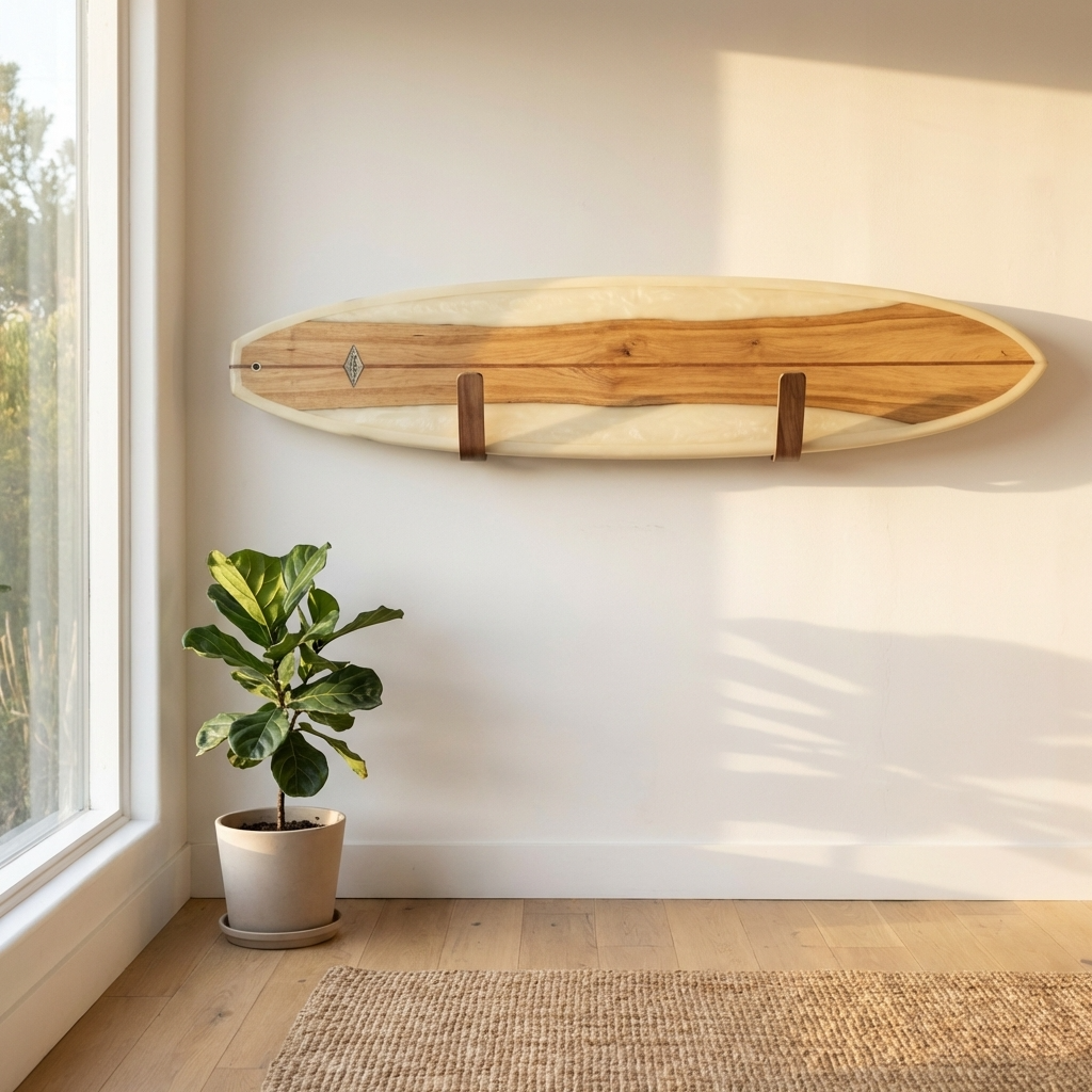 wall mounted walnut surfboard rack for organized surfboard display
