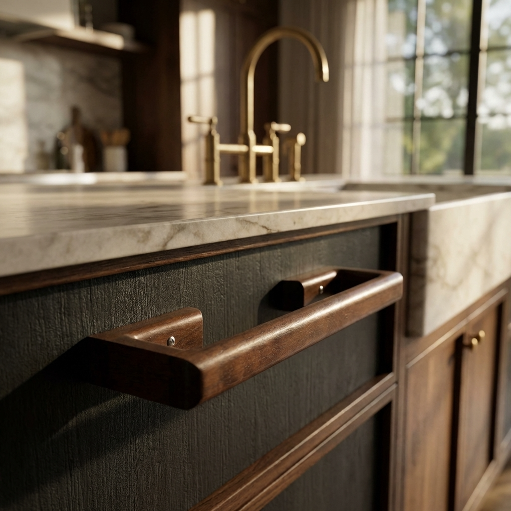 Close-up of a kitchen cabinet with wooden towel rail and marble countertop.