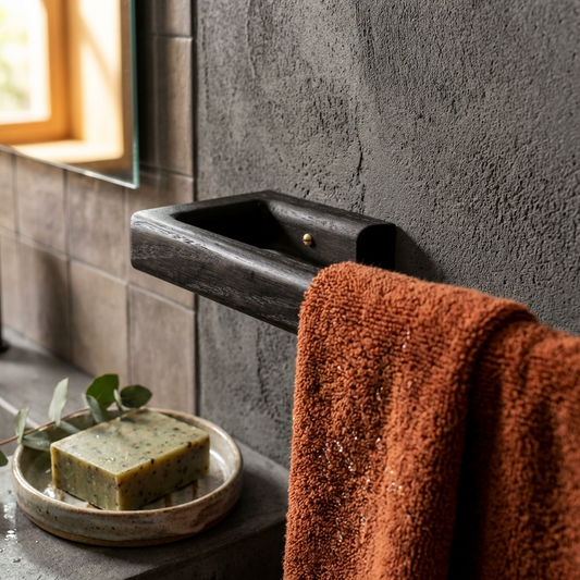 Bathroom setting with a black sink, brown towel, and soap on a stone surface.