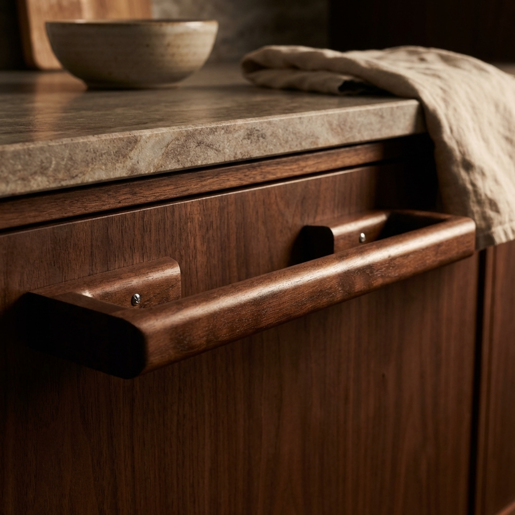 Wooden cabinet with marble countertop and bowl in a warm-toned kitchen setting with towel rail