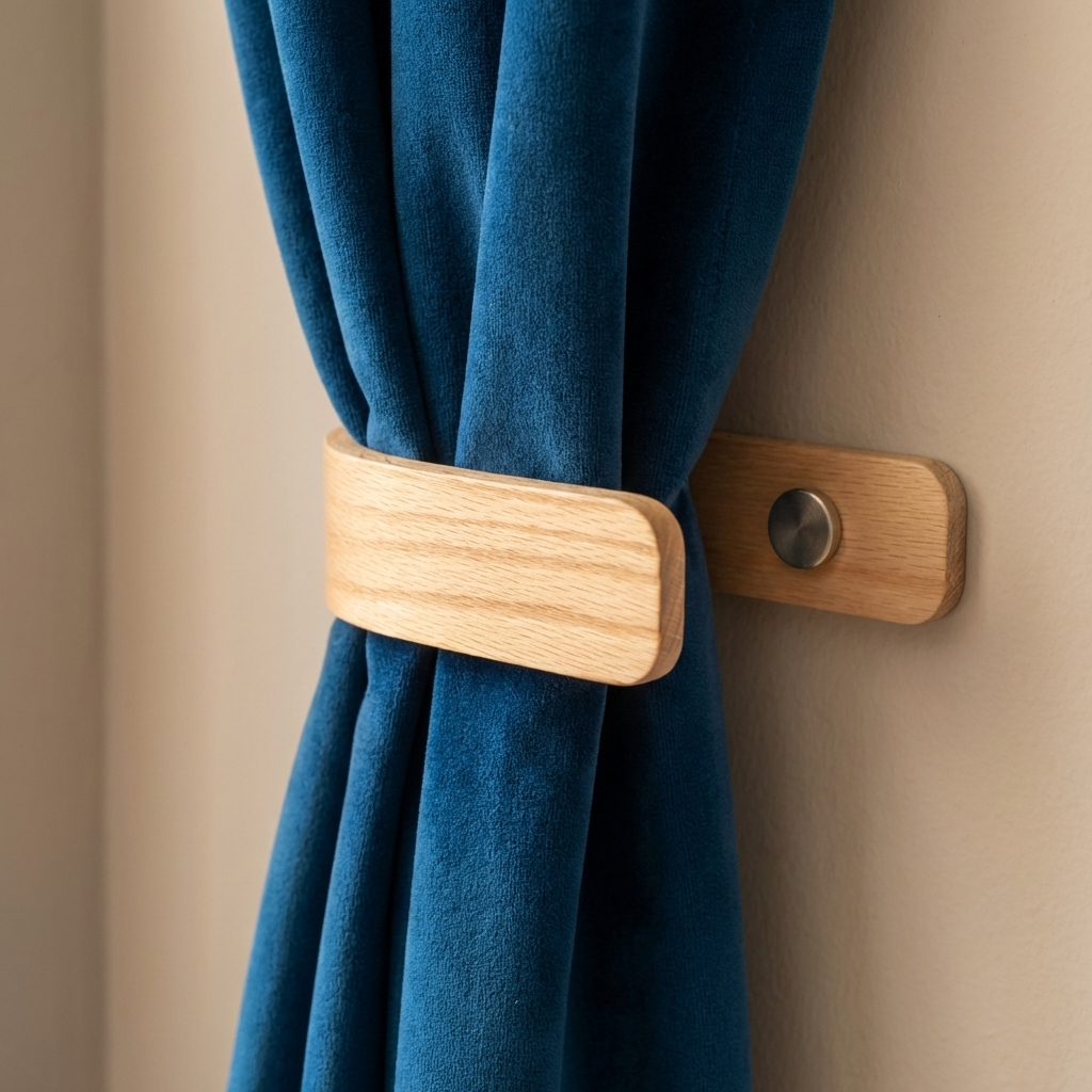 Wooden curtain tieback holding a blue curtain against a beige wall.