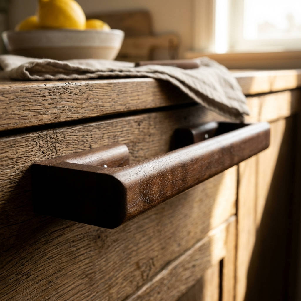 Wooden drawer with a rustic finish in a kitchen setting with towel rail