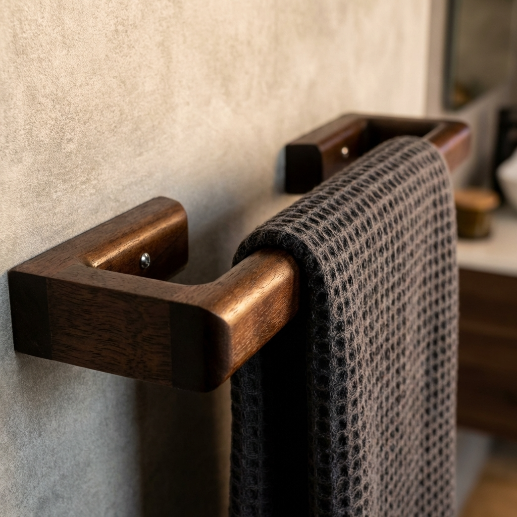 Wooden towel rack with a gray towel on a light-colored wall.