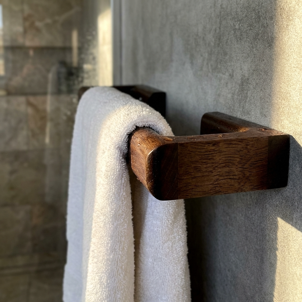 Towel hanging on a wooden towel rack against a stone wall.