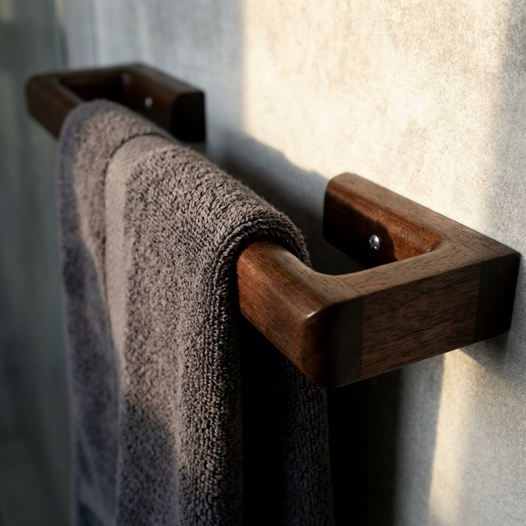 Wooden towel rack with a brown towel on a textured wall.