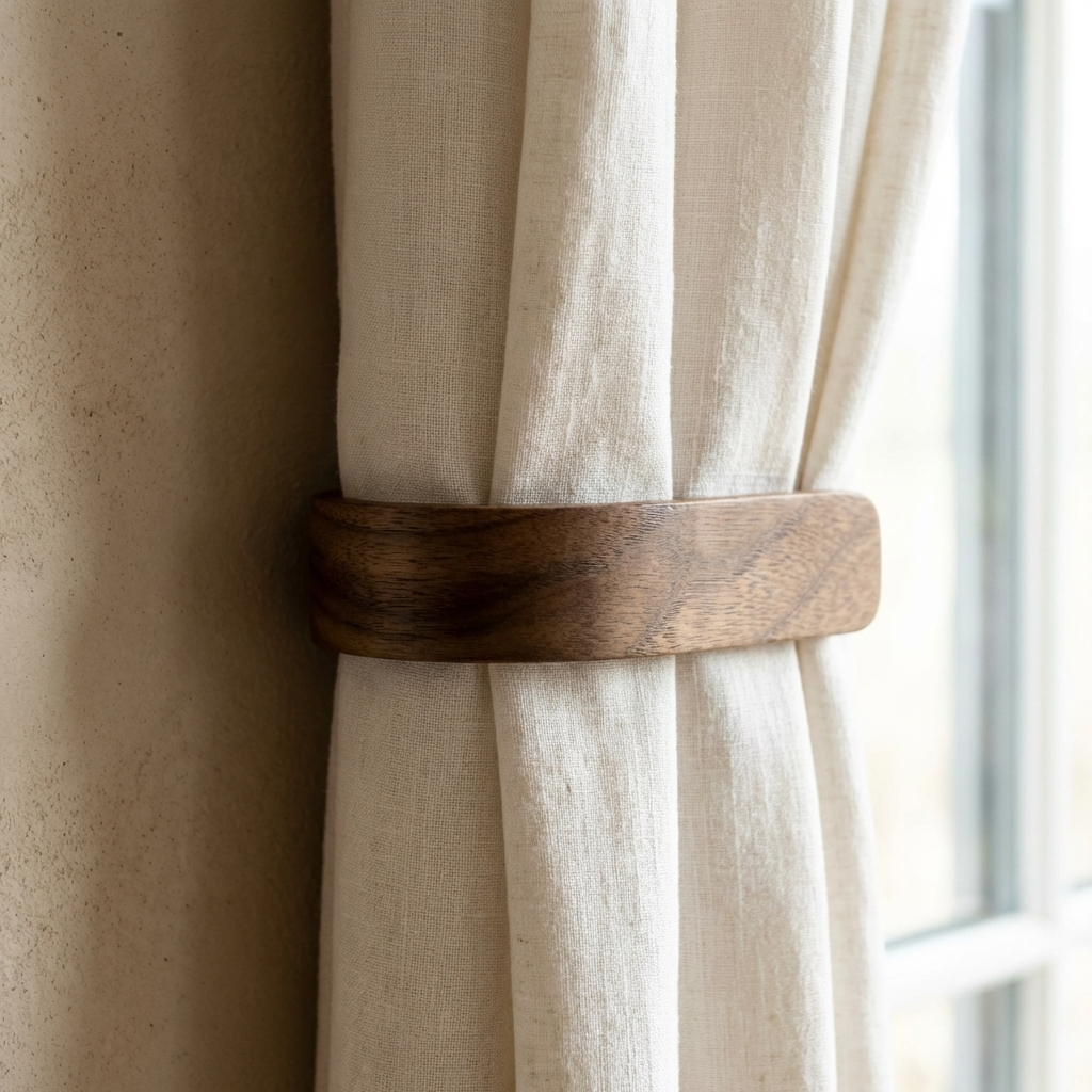 Wooden curtain tieback on a beige curtain with a window in the background