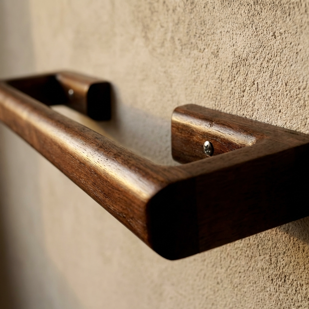 Wooden shelf against a textured wall